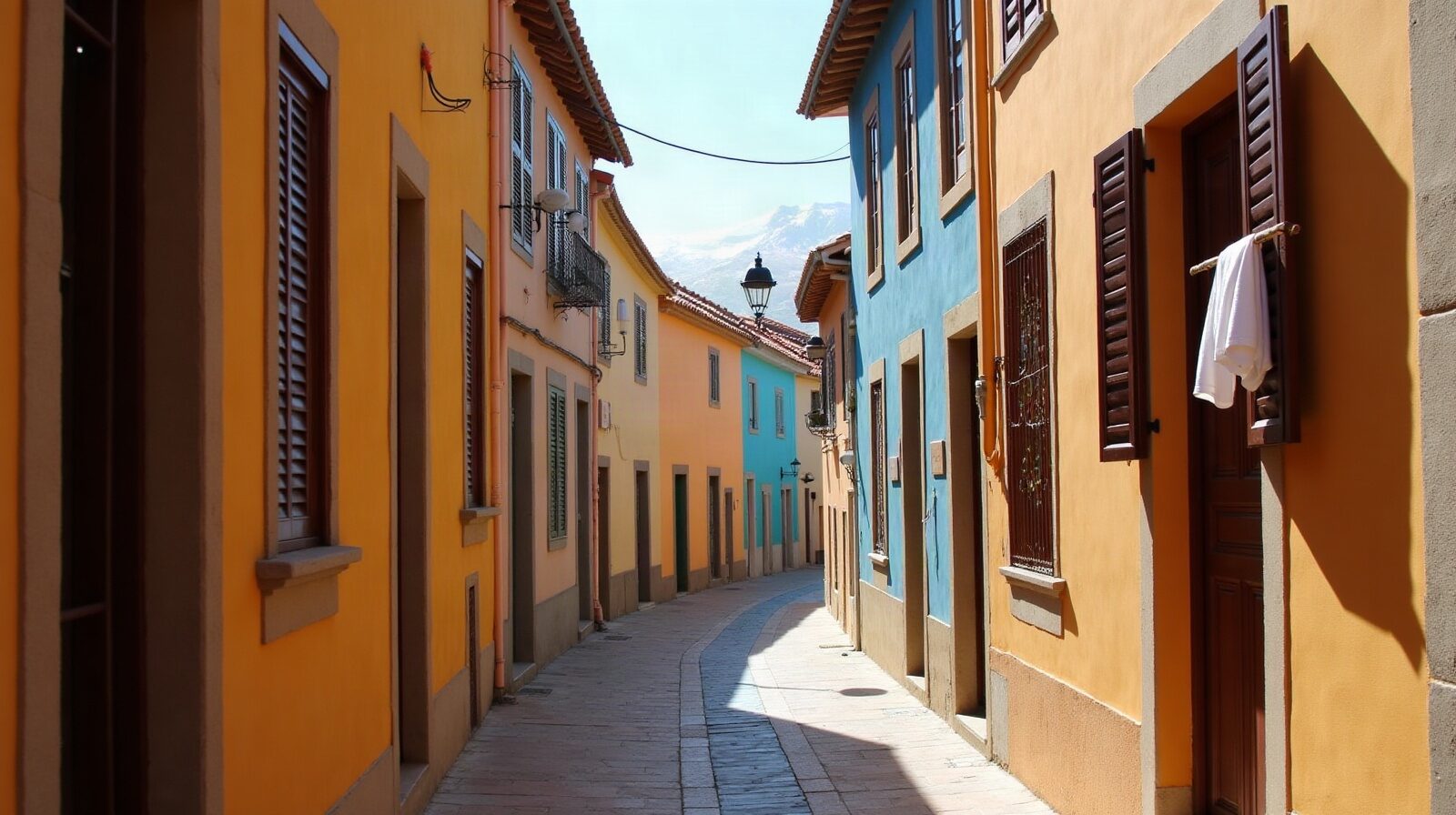 Une rue étroite bordée de façades colorées et de volets en bois