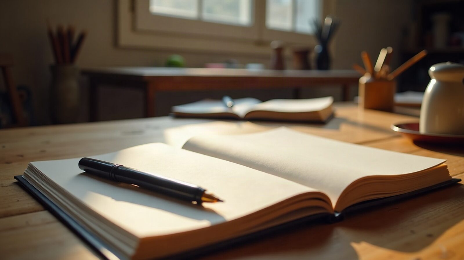 Des cahiers ouverts et un stylo sur une table en bois